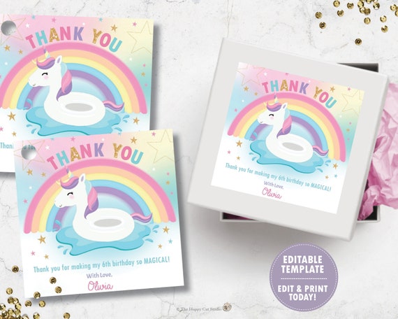 Unicorn Pool Party Thank You Favor Tags, Rainbow Unicorn Pool Party, Unicorn Printable, Cute Unicorn Floatie, Digital EDITABLE TEMPLATE UF1 Il_570xn