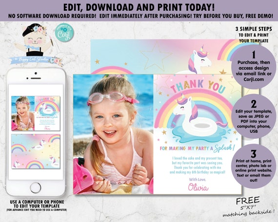 Unicorn Pool Party Photo Thank You Card, Rainbow Unicorn Pool Party, Unicorn Printable, Cute Unicorn Floatie, Digital EDITABLE TEMPLATE, UF1 Il_570xn