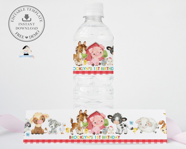 Cute Farm Animals Water Bottle Labels EDITABLE TEMPLATE Etsy