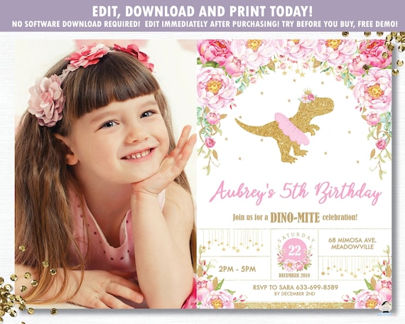 Floral Dinosaur Invitation, Dinosaur Printable, Dinosaur Birthday Party Photo Printable, Girl Dinosaur Invite, Gold, EDITABLE TEMPLATE, FD1 Il_570xn