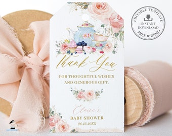 Blush Pink Floral Tea Party Favor Tag, EDITABLE TEMPLATE, Chic Rose Baby Shower Bridal Shower High Tea Printable Gold, INSTANT Download, TP5