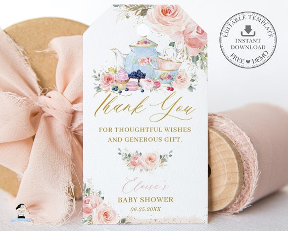 Blush Pink Floral Tea Party Favor Tag, EDITABLE TEMPLATE, Chic Rose Baby Shower Bridal Shower High Tea Printable Gold, INSTANT Download, TP5 Il_570xn