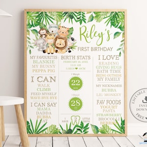 Lindos animales de la selva 1er cumpleaños hito signo, PLANTILLA EDITABLE, Greenery Boy Neutral Birth Stats Poster Decor Pdf, Descarga INSTANTÁNEA, JA2