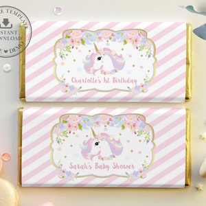 Unicorn Chocolate Bar Wrapper, EDITABLE TEMPLATE, Birthday, Baby Shower, Baptism, Aldi Hershey&#39;s Candy Bar Label, Party Favor, INSTANT, UB8