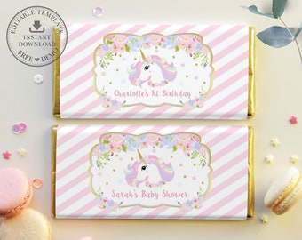 Enhörningschokladkakeomslag, REDIGERINGSBAR MALL, Födelsedag, Babyshower, Dop, Aldi Hershey's godisbaretikett, Festgåva, DIREKT, UB8
