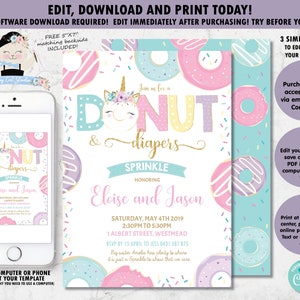 Donut and Diapers Baby Sprinkle Invitation Donut Unicorn Invitation Donut Baby Shower Girl Donut Printable Digital EDITABLE TEMPLATE DT1 image 1