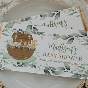 Greenery Noah&#39;s Ark Chocolate Bar Wrappers EDITABLE TEMPLATE Gender Neutral Baby Shower Birthday Hershey Aldi Candy Favor DIY Printable NA1