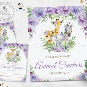 Devinez combien de craquelins animaux sont dans le jeu Jar, TÉLÉCHARGEMENT INSTANTANÉ, Jungle Animals Floral Baby Shower Fun Activity, Diy PDF Printable JA8