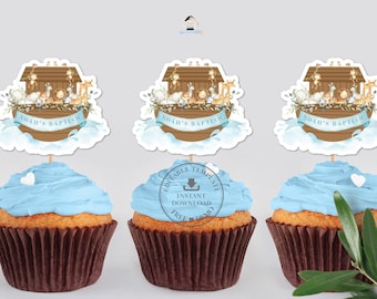 Noah's Ark Cupcake Toppers, EDITABLE TEMPLATE, Blue Boy Noahs Ark Cute Animals Baby Shower 1st Birthday Baptism Cake INSTANT Download, NA2