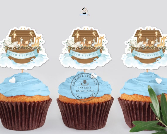 Noah's Ark Cupcake Toppers, EDITABLE TEMPLATE, Blue Boy Noahs Ark Cute Animals Baby Shower 1st Birthday Baptism Cake INSTANT Download, NA2 Il_570xn