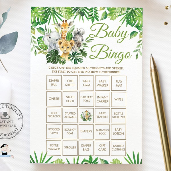 EDITABLE TEMPLATE, Jungle Animals Greenery Baby Shower Bingo Game Printable, Elephant Giraffe Lion Diy Fun Activity INSTANT Download, JA7