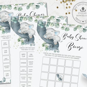 Elephant Baby Bingo, TÉLÉCHARGEMENT INSTANTANÉ, Pré-rempli Chic Greenery Sleeping Elephant Neutral Baby Shower Game Activity, Diy PDF Imprimable EP10