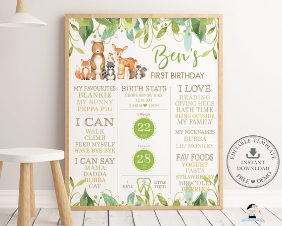 Woodland Animals 1st Birthday Milestone Sign, EDITABLE TEMPLATE, Chic Greenery Forest Boy Birth Stats Poster Decor Pdf INSTANT Download, WG1 Il_570xn