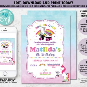 EDITABLE TEMPLATE, Unicorn Roller Skating Party Invitation, Rollerskates, Unicorn Printable, Rainbow, Cute, Girls Birthday, Digital, UR1