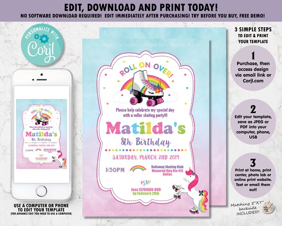 EDITABLE TEMPLATE, Unicorn Roller Skating Party Invitation, Rollerskates, Unicorn Printable, Rainbow, Cute, Girls Birthday, Digital, UR1 Il_570xn