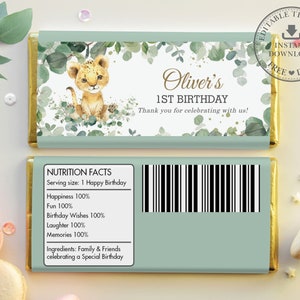 EDITABLE TEMPLATE Cute Lion Cub Greenery Baby Shower Jungle Animals 1st Birthday Chocolate Bar Wrappers Hershey Aldi Favor Printable, LN3 image 2