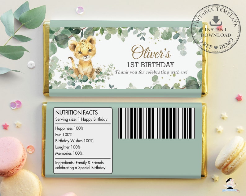 EDITABLE TEMPLATE Cute Lion Cub Greenery Baby Shower Jungle Animals 1st Birthday Chocolate Bar Wrappers Hershey Aldi Favor Printable, LN3 image 2