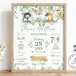 Animales australianos Nacimiento Imprimir PLANTILLA EDITABLE Nuevas estadísticas del bebé Detalles Signo Regalo Recuerdo Verde Koala Niño Vivero Decoración Descargar AU1