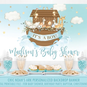 Noah&#39;s Ark 1st Birthday Party Baby Shower Backdrop Banner, Noahs Arc Baptism Cute Animals Welcome Sign Blue Boy Decor PDF File Printable NA2