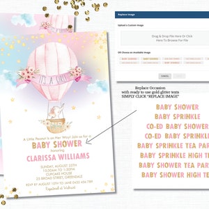 Hot Air Balloon Invitation, Elephant Hot Air Balloon Baby Girl Shower Invite, Elephant Printable, Diy Pdf INSTANT EDITABLE TEMPLATE, HB6 image 3