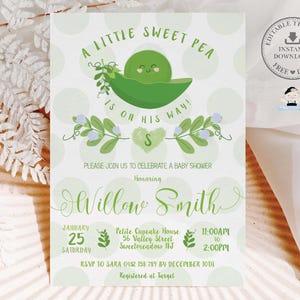 Cute Little Sweet Pea in a Pod Baby Shower Invitation Boy Blue Little Green Pea Floral Invite EDITABLE TEMPLATE Digital Instant Download SP1
