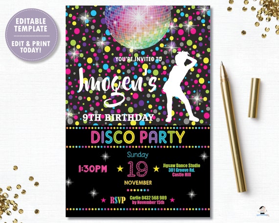 Disco Party Invitation, EDITABLE TEMPLATE, Dance Birthday Party Invite, Disco Ball, Neon, Girls Disco Birthday, Disco Printable INSTANT, DP2 Il_570xn