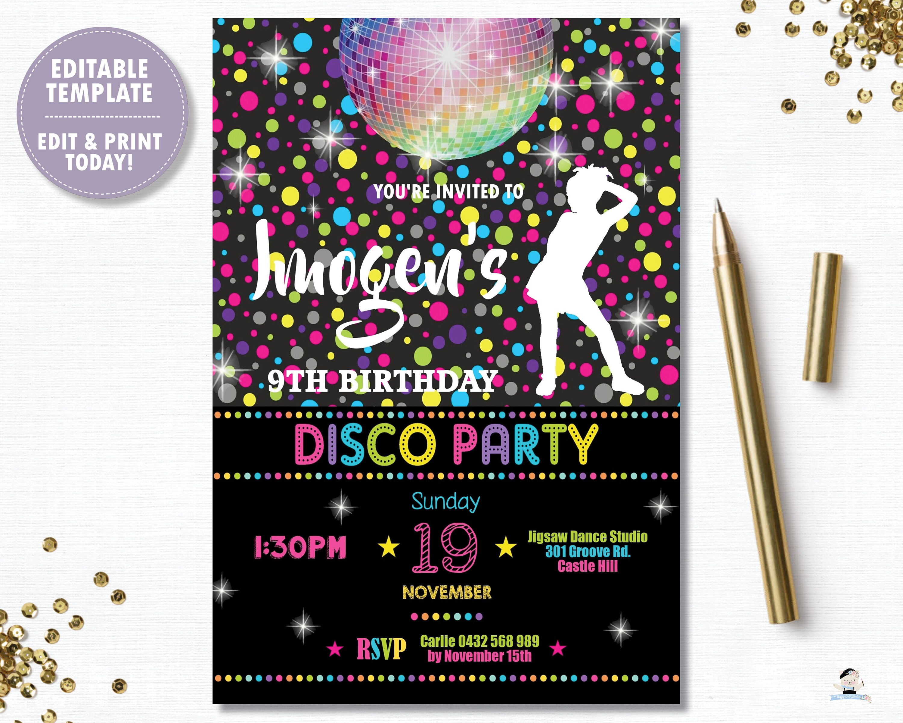 Disco Party Invitation EDITABLE TEMPLATE Dance Birthday Etsy