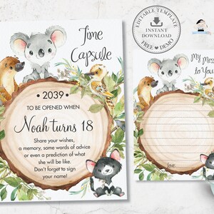 Cápsula do tempo de animais australianos, sinal e cartão de mensagem, modelo editável, primeira atividade de primeiro aniversário, Koala Greenery para impressão, INSTANT AU1