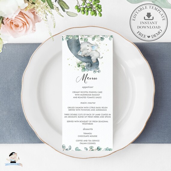 Elephant Menu Printable, EDITABLE TEMPLATE, Cute Jungle Animals Eucalyptus Greenery Boy Baby Shower Birthday Diy, INSTANT Download Pdf, EP10 Il_570xn