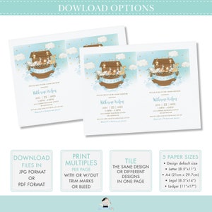 May include: A printable baby shower invitation featuring a blue and brown ark with animals, clouds, and gold stars. The text reads "It's a Boy!" and "Please join us for a baby shower".