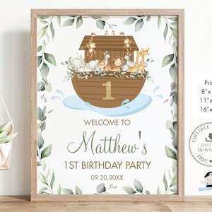 Noah&#39;s Ark Welcome Sign EDITABLE TEMPLATE, Greenery Noahs Cute Animals Neutral 1st Birthday Baptism Poster Decoration, INSTANT Download, NA1