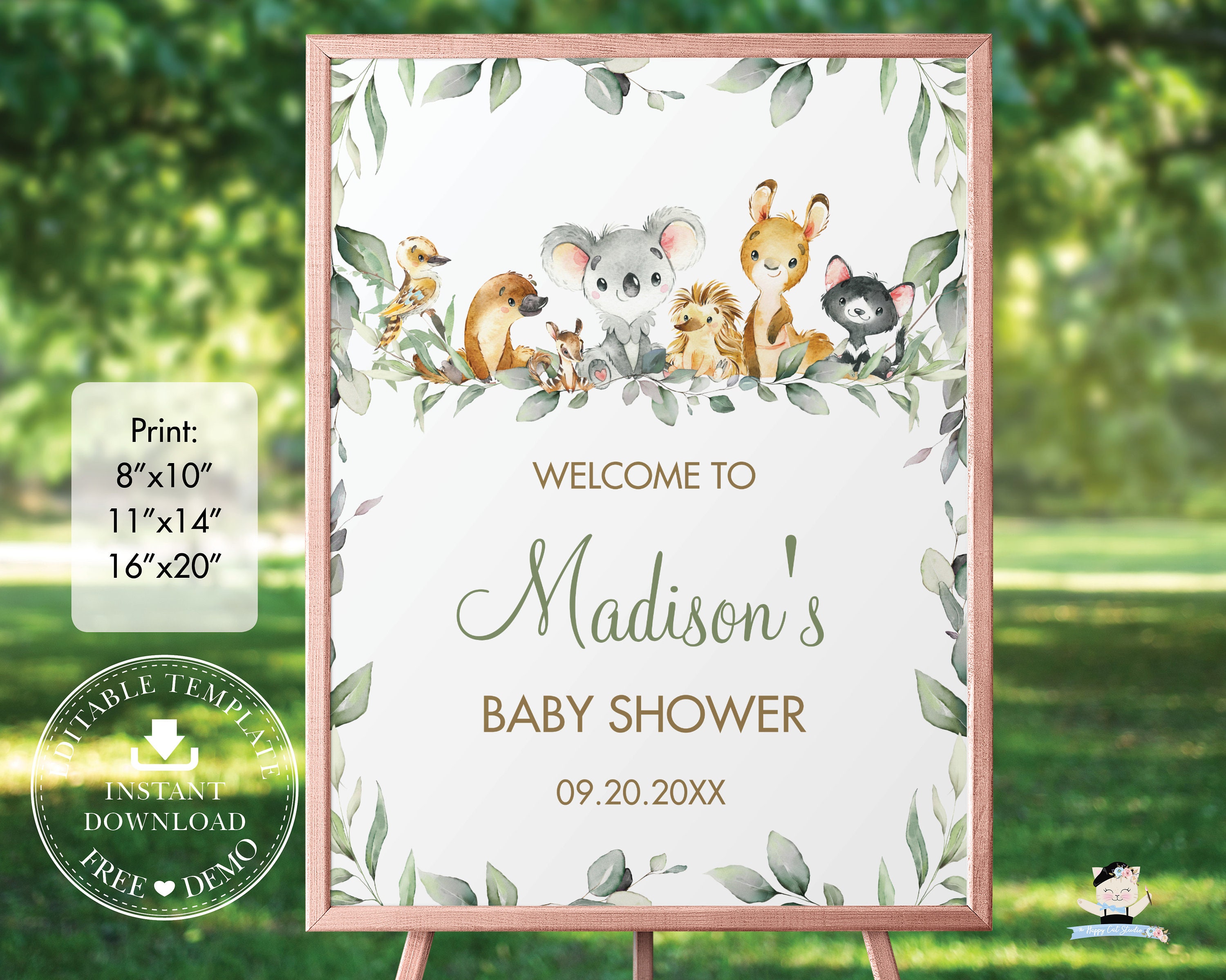 Australian Animals Greenery Welcome Sign, EDITABLE TEMPLATE, INSTANT Download, Chic Gender Neutral Koala Baby Shower 1st Birthday Decor, AU5