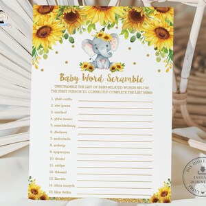 Sunflower Elephant Baby Shower Word Scramble Game Printable, INSTANT DOWNLOAD, Girl Yellow Floral Flowers Sprinkle Quiz Fun Activities, EP8