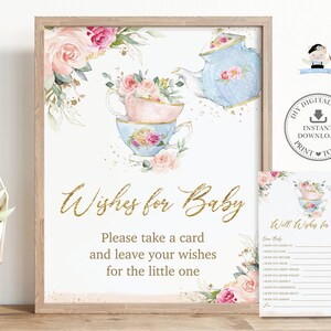 Tea Party Blush Pink Floral Well Wishes for Baby Card and Sign Girl Baby Shower Activity, Tazze Teiera Fiori Stampabile DOWNLOAD IMMEDIATO TP5