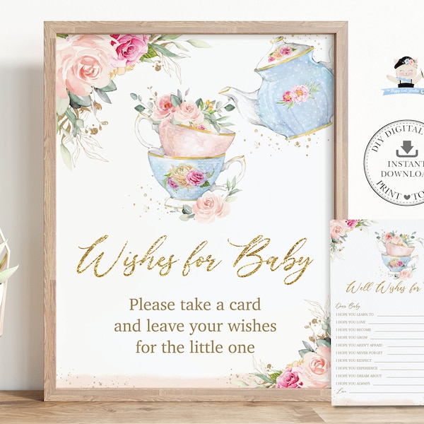 Tea Party Blush Pink Floral Well Wishes for Baby Card and Sign Girl Baby Shower Activity, Cups Teapot Flowers Printable INSTANT DOWNLOAD TP5