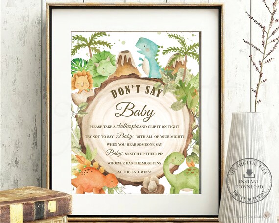 Cute Dinosaurs Don't Say Baby Game Sign, INSTANT DOWNLOAD, Friendly Colorful Dinos T-Rex Baby Shower Game Activity, Diy PDF Printable, DS1 Il_570xn