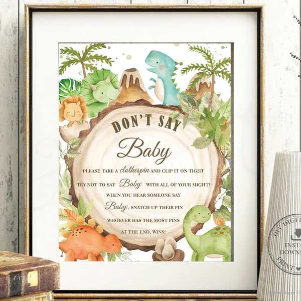 Cute Dinosaurs Don't Say Baby Game Sign, INSTANT DOWNLOAD, Friendly Colorful Dinos T-Rex Baby Shower Game Activity, Diy PDF Printable, DS1
