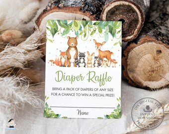 Woodland Diaper Raffle Card, INSTANT DOWNLOAD, Greenery Cute Forest Animals Baby Shower, Pdf Insert Ticket Printable, INSTANT Download, WG1