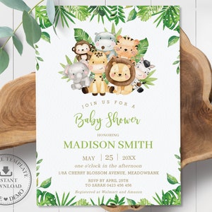 Puede incluir: Una invitación a una baby shower con temática de selva con un borde de hojas verdes. La invitación presenta un grupo de animales de dibujos animados, incluyendo un león, una jirafa, una cebra, un mono, un elefante y un hipopótamo. El texto dice "Únete a nosotros para una Baby Shower en honor a Madison Smith el 25 de mayo de 20XX a la una en punto de la tarde 1/8A Cherry Blossom Avenue, Meadowbank RSVP antes del 25 de abril a Sarah 0423 456 456 Registrado en Walmart y Amazon"