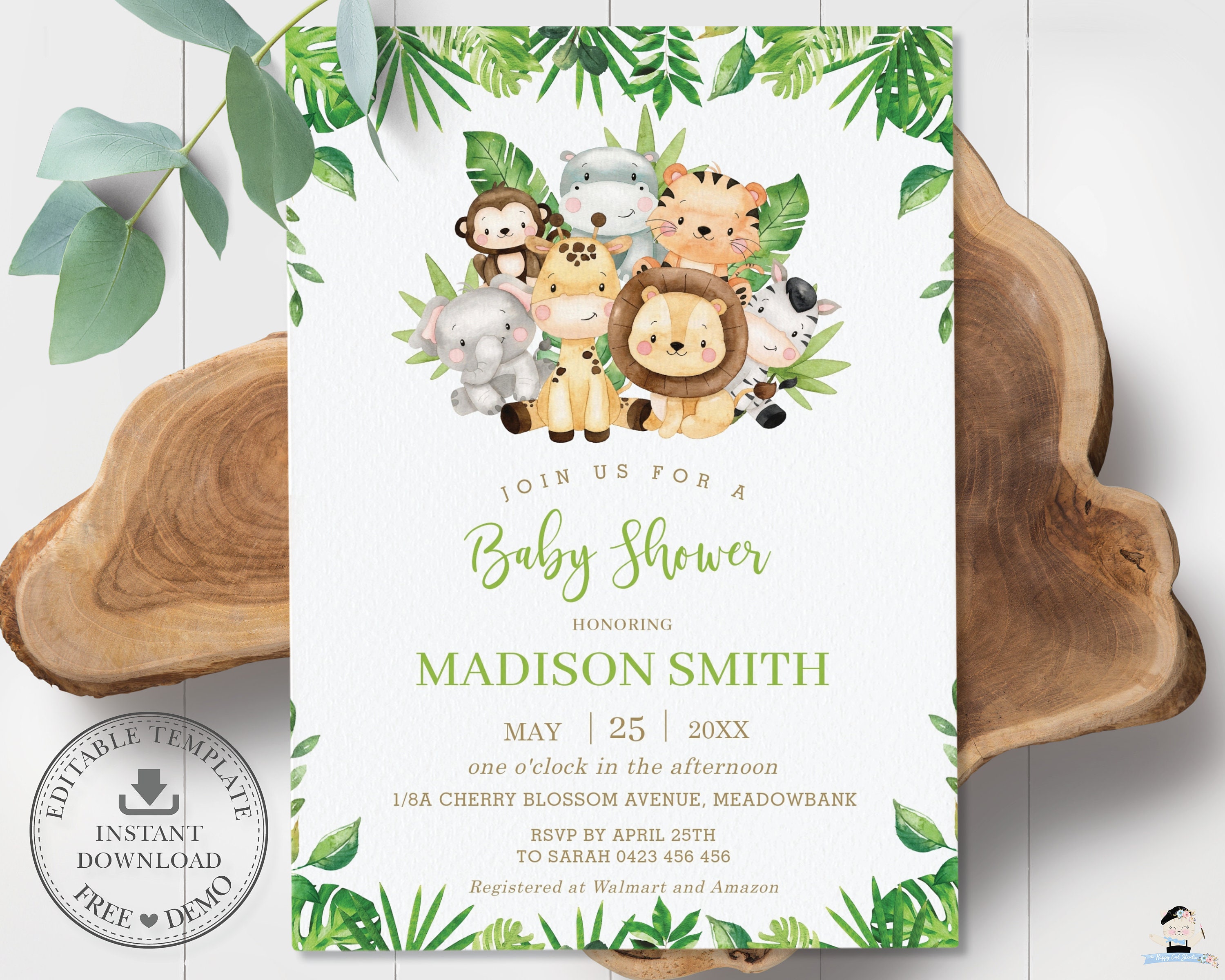 Invitations Customised modern invitation Boy or Girl Shower. Jungle safari party Editable