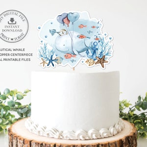 Nautisk valtårtdekoration, DIREKT NEDLADDNING, Under havet Ahoy pojke mittpunktsdekoration UTSKRIVBARA filer, babyshower-födelsedagsfest, WH2