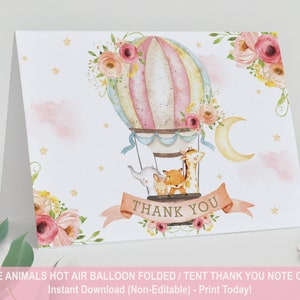 Heißluftballon Süße Tiere Gefaltete Zelt Dankeskarte, SOFORT DOWNLOAD, Rosa Floral Mond Sterne druckbar, Baby Shower 1. Geburtstag, HB7