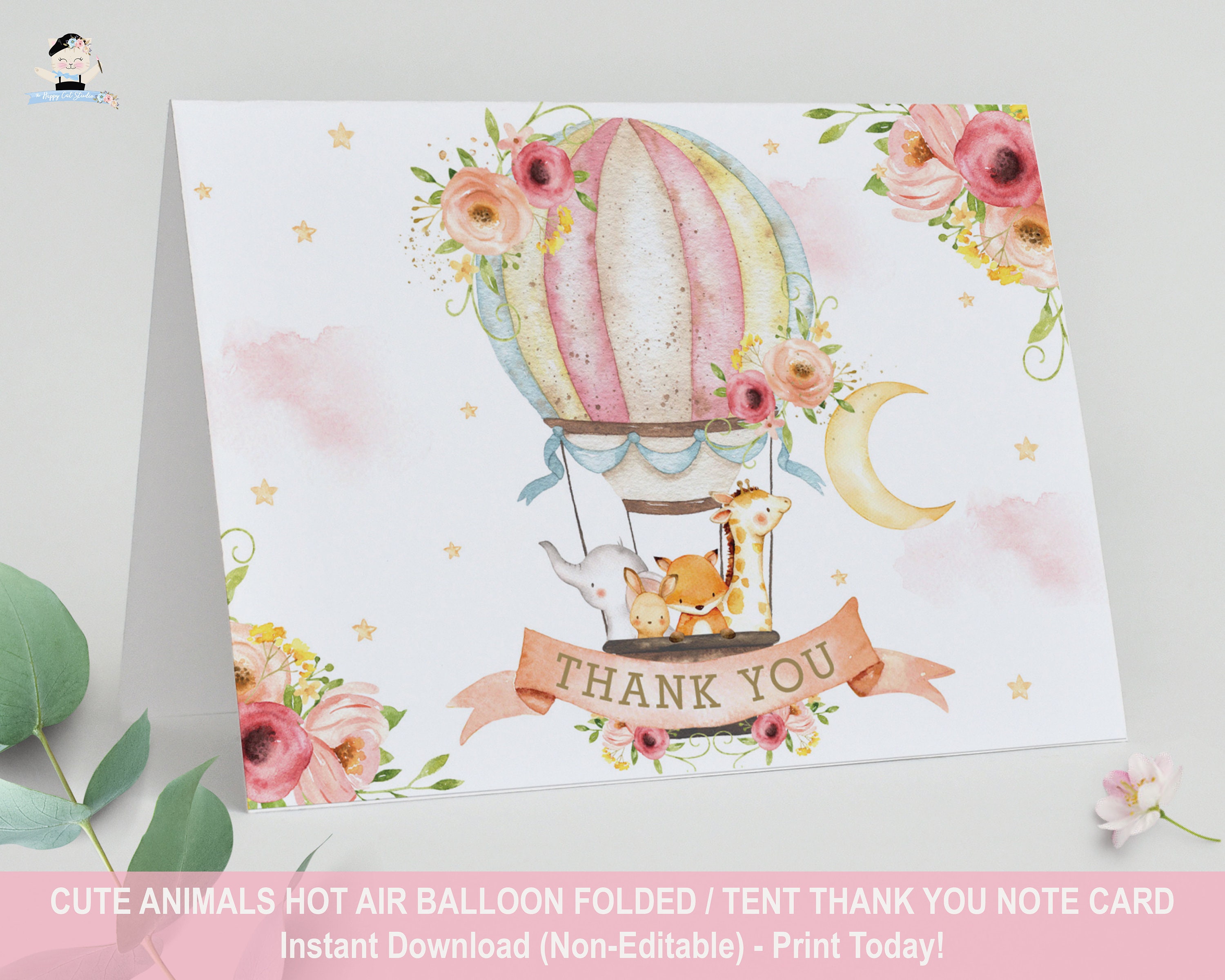 Hot Air Balloon Cute Animals Folded Tent Thank You Card, INSTANT ...