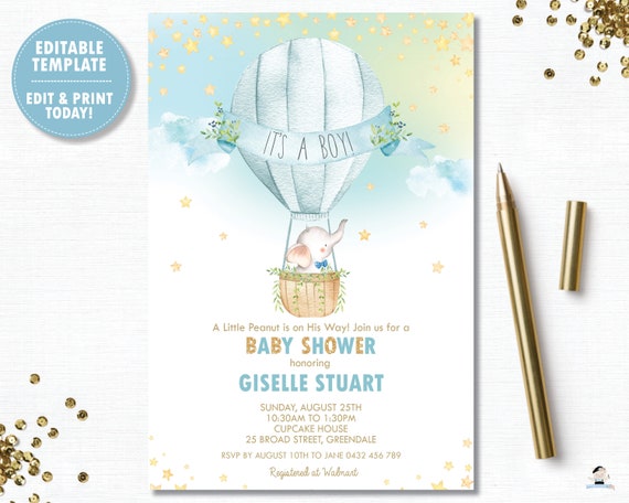 Hot Air Balloon Invitation, Elephant Hot Air Balloon Baby Boy Shower ...