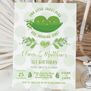 BEWERKBARE SJABLOON Cute Twins Little Sweet Two Peas in a Peas 1e eerste verjaardagsuitnodiging Twin Boys uitnodigen afdrukbare Instant Download SP1