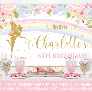 レインボーフェアリー背景バナー、ピンクブルーフローラルフェアリーベビーシャワー誕生日パーティーウェルカムサイン壁装飾PDFデジタル印刷可能ファイル、FF5