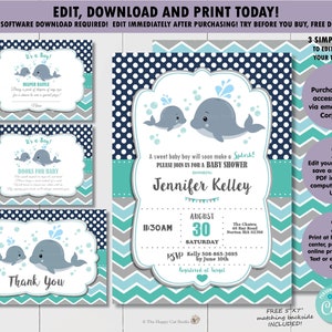 May include: Printable baby shower invitation with a blue and teal chevron pattern. The invitation features a gray whale and a smaller gray whale with blue water droplets. The text reads "A sweet baby boy will soon make a Splash! Please join us for a baby shower honoring Jennifer Kelley." The date and time of the shower are listed as "August 30, Saturday, 11:30am".