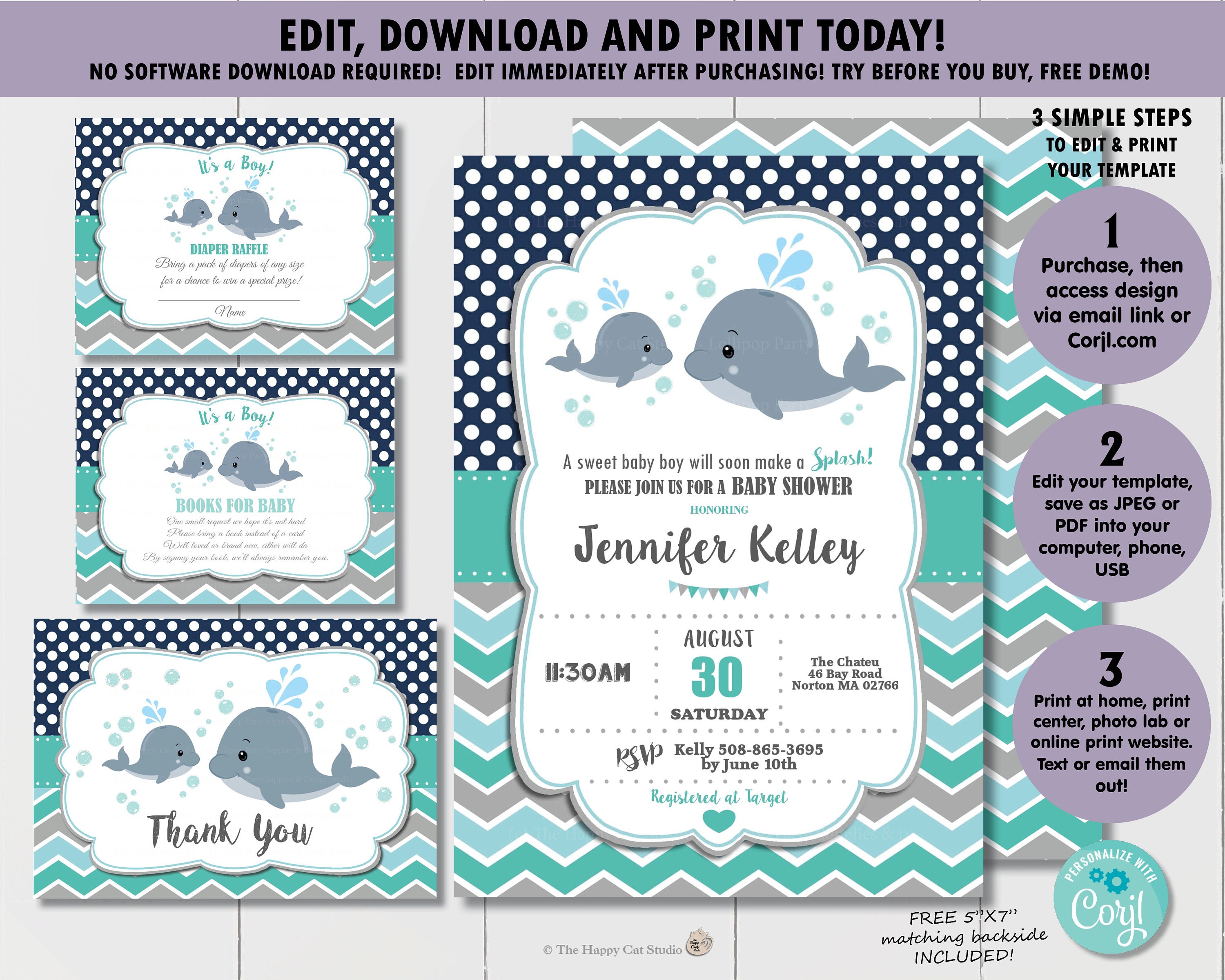EDITABLE TEMPLATE Whale Baby Shower Invitation Bundle Whale | Etsy