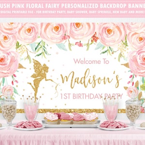 Fairy Backdrop Banner, Blush Pink Floral Fairy 1st Birthday Back Drop Decor, Gold Glitter Baby Shower Backdrop Printable Digital PDF FF1 image 1
