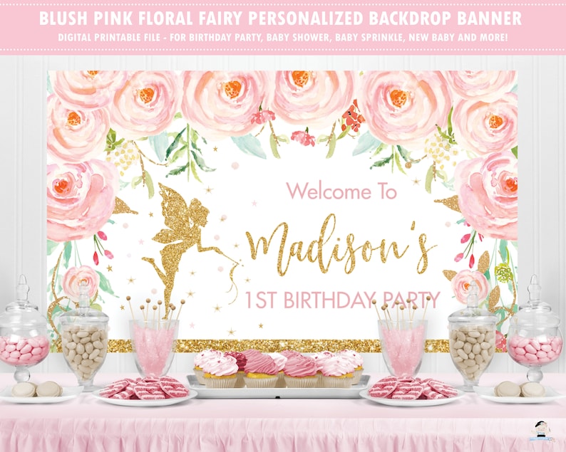 Fairy Backdrop Banner, Blush Pink Floral Fairy 1st Birthday Back Drop Decor, Gold Glitter Baby Shower Backdrop Printable Digital PDF FF1 image 1